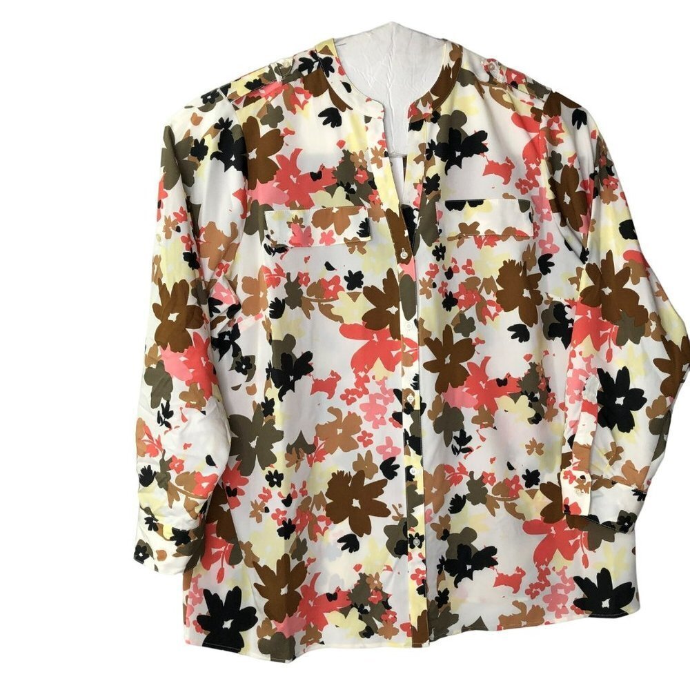 CALVIN KLEIN $79 FLORALPRINT ROLL TAB SLEEVE TOP 2X NEW WITH TAG